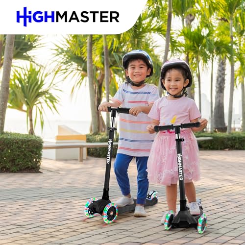 HighMaster Kids Scooter – 3 Wheel Kick Scooter for Children and Toddlers – Adjustable Handlebar with LED Wheel Lights – Indoor and Outdoor Fun (Black)