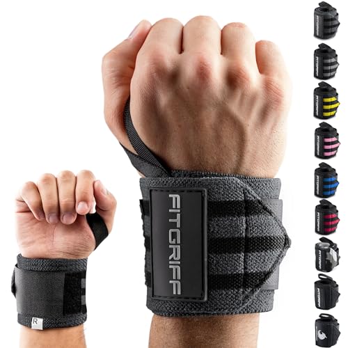 Fitgriff Wrist Wraps for Weightlifting (1 Pair/ 18 inch) - Workout Equipment for Gym, Bench Press, Pushups - Wrist Support for Men and Women (Grey/Black)