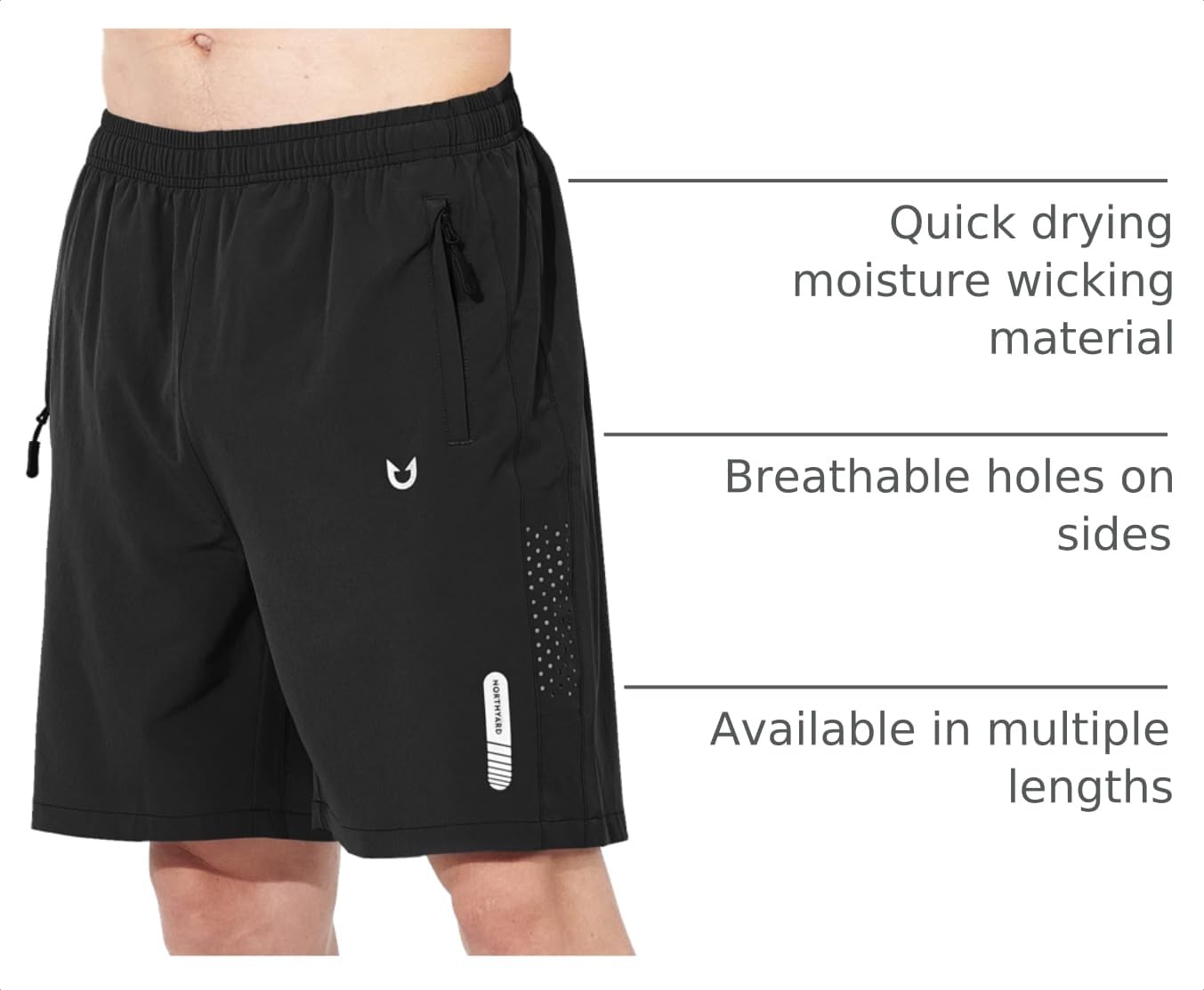 NORTHYARD Men's Athletic Running Shorts Gym Workout 7"/9"/5" Quick Dry Lightweight Sports Basketball Tennis 3 Zipper Pockets Black-9inch M