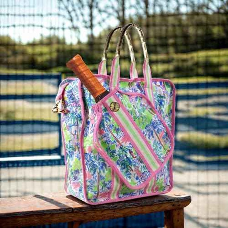 Lilly Pulitzer Pickleball Bag for Women with Storage for 2 Paddles, Zipper Pocket, Waterbottle Sleeve and Gold Details, Serving it Up