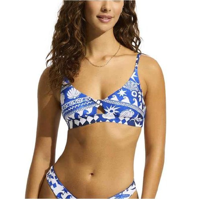 Seafolly Women's Standard Active Hybrid Bralette Bikini Top with Center Keyhole Detail, Corfu Azure