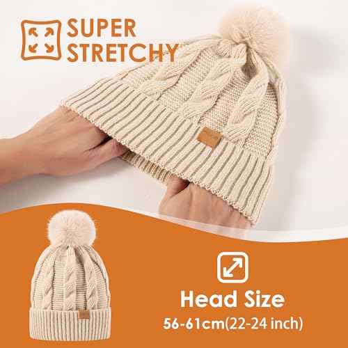 Women's Winter Beanie Warm Hat with Pom Pom,Thermal Fleece Lined Knit Cap, Thick Cable Slouchy Soft for Ski Cold Weather