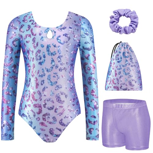 Arshiner Girls Gymnastics Leotard Set 6-7 Years Purple Leopard Long Sleeve Tumbling Outfit