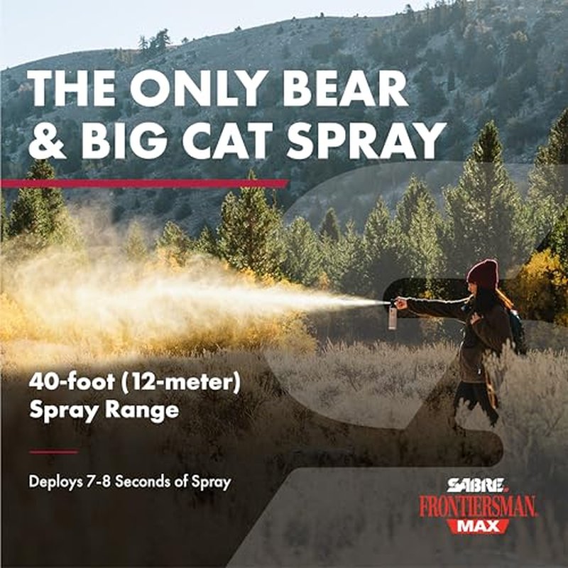 SABRE Frontiersman MAX Bear Spray ? 40 ft Range, Maximum Strength, The Only EPA-Registered Spray for Bears & Mountain Lions, 9.2 oz, Glow Safety Clip, Outdoor Hiking & Camping Protection