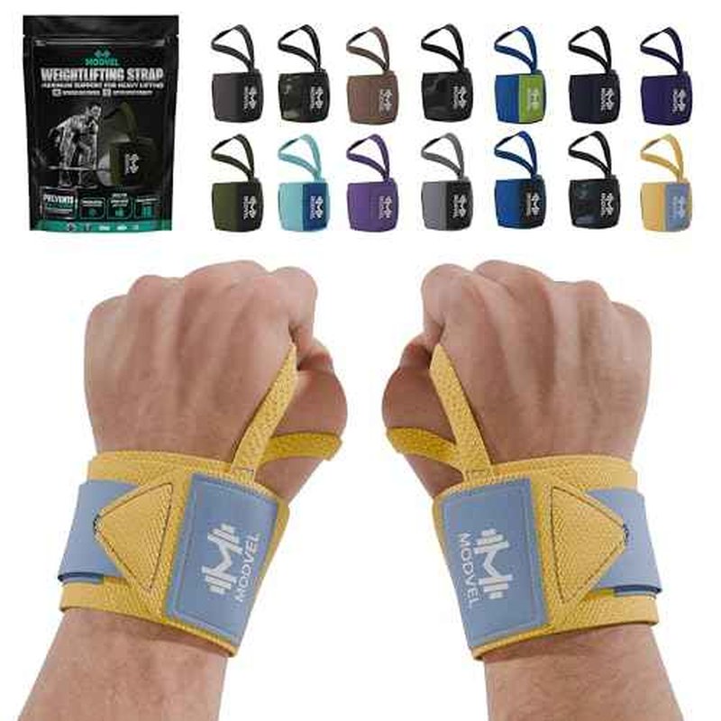 Modvel Adjustable Wrist Wraps for Gym & Lifting ? Thick, Breathable Support Straps for Wrist Stability, Comfort & Grip ? Ideal for Weight Training, CrossFit & Gym Workouts ? Yellow/Sky Blue (2-Pack)