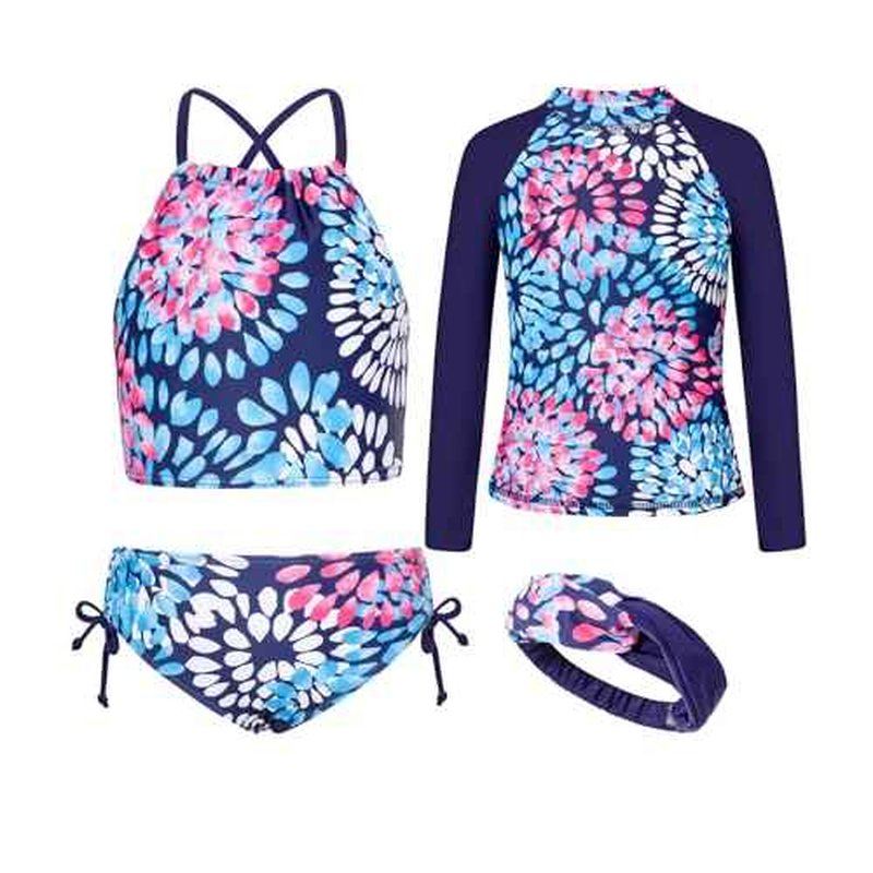 GRACE KARIN Girls Swimsuit Tankini Set Rash Guard Long Sleeve Swimsuit 4 Piece Bathing Suit Swimwear 5-14Y