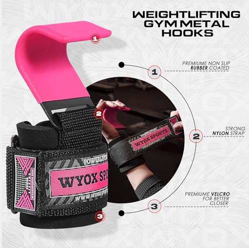 Professional Lifting Straps and Heavy Duty Hooks | 7mm Think Neoprene Padded Wrist Wraps for Weightlifting Support & Grip - Ideal Gym Gloves for Men Women Pair - Pink