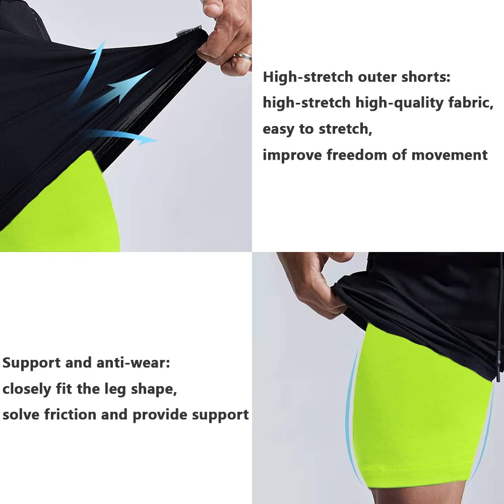 JWJ 3 Pack Mens 2 in 1 Running Shorts Quick Dry Gym Athletic Workout Shorts with Compression Liner,Black Light Navy L