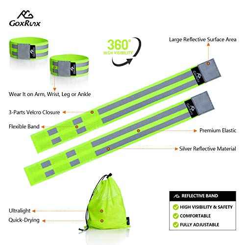 GoxRunx Reflective Bands Running Gear 6 Pack-Adjustable Reflective Armband Arm Wrist Ankle Leg Bands Reflectors -Reflective Tape Straps for Clothing Night Running Cycling Walking -Slap Bracelets