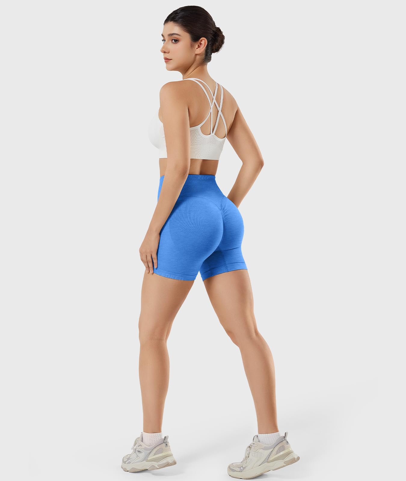 YEOREO SoftHue Workout Shorts Womens Scrunch Butt Lifting 4.5" Seamless Gym Clorisy Running Shorts Ocean Blue L