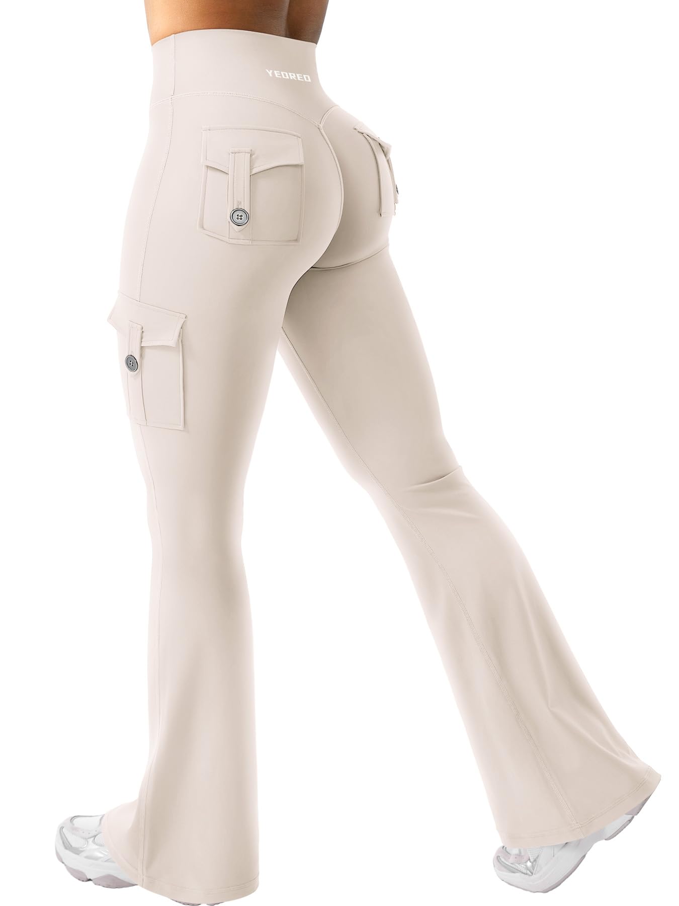 YEOREO CoreFlex Women Workout Flare Leggings with Pockets Hidden Scrunch Cargo Gym Yoga No Front Seam Leggings Light Khaki M