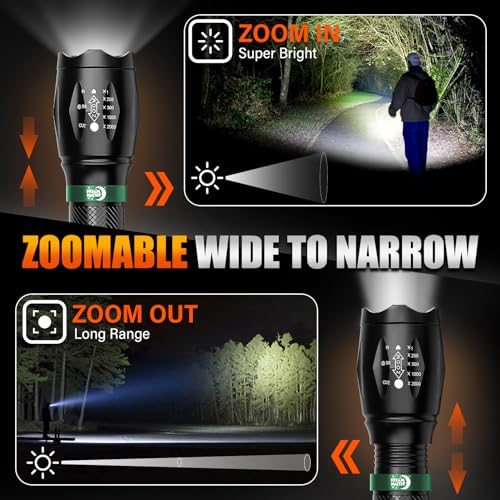 2 Pack LED Flashlights High Lumens with 6 AAA Batteries, 5 Modes Mini Waterproof Tactical Flashlight for Camping Hiking, Bright Flashlight with Zoomable, Fathers Day Gifts for Him, Black & Green