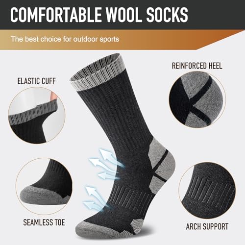 Merino Wool Hiking Crew Socks for Men & Women, Thick Thermal Cushioned Winter Socks, Moisture-Wicking, 3 Pairs