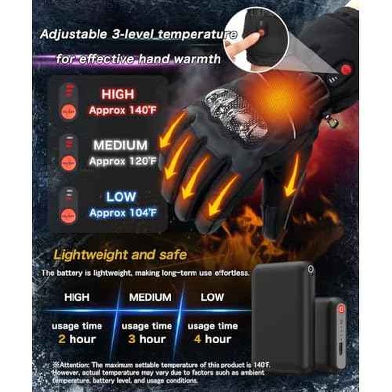 Heated Motorcycle Gloves Rechargeable 7.4V Battery for Men Women Touchscreen Waterproof Windproof for Winter Skiing Hunting Cycling Camping