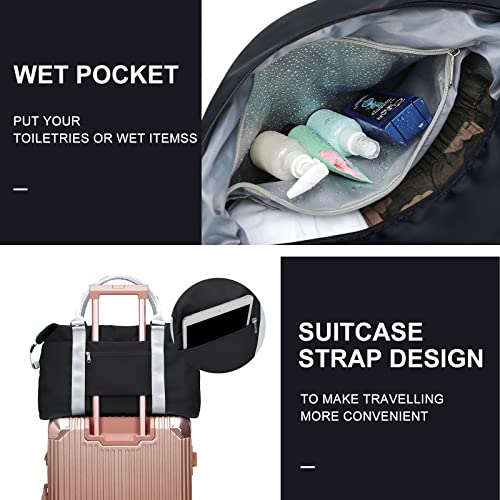 Weekender Duffel Bags for Women Men, Travel Totes Bag for Airplane, Cute Sports Gym Dance Bag Overnight Luggage Bag with Wet Pocket, Carry On Hospital Bag for Labor and Delivery (Large Black)