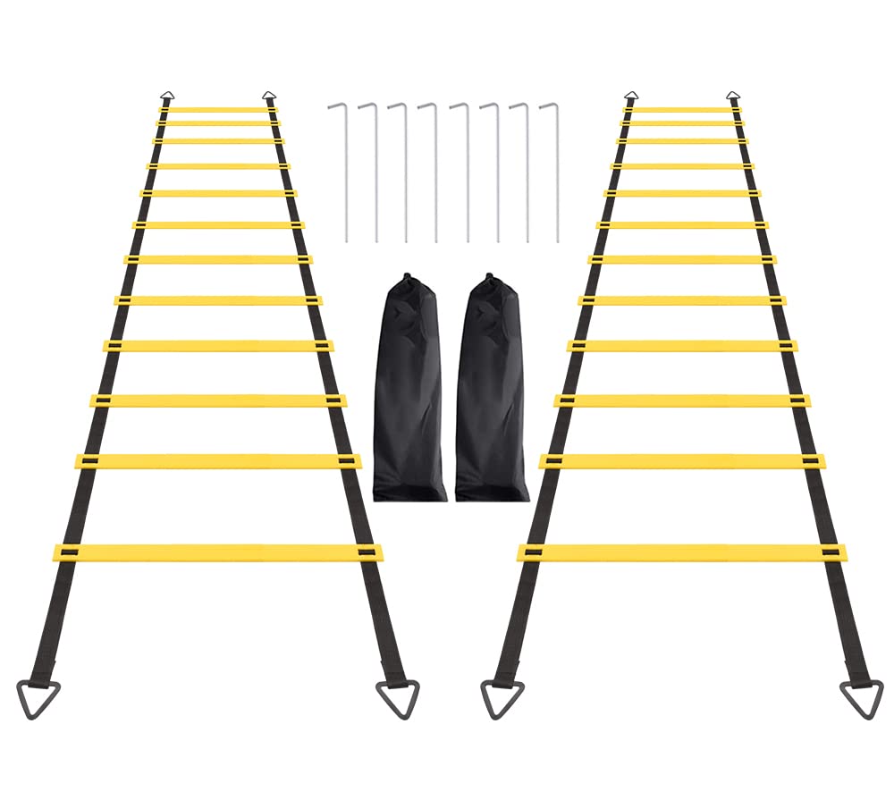 Agility Ladder Set, 2 Pack 12 Rungs Agility Ladder Set, Speed Training Ladder with Steel Stakes and Carry Bag for Soccer, Speed Fitness Feet Training (2 Pack, 12 Rungs)