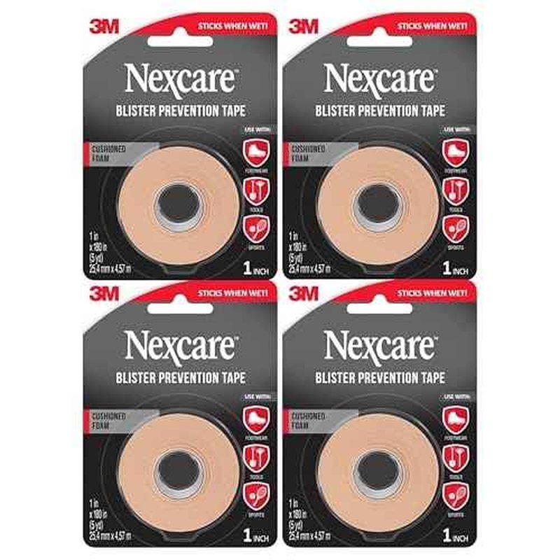 Nexcare Blister Prevention Tape, Waterproof Foam Medical Tape, Latex-Free, Sticks Firmly to Skin to Help Prevent Blisters - 1 in x 5 yds, 4 Rolls of Tape