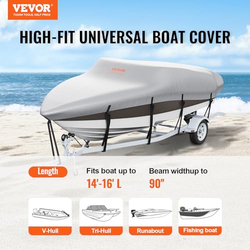 VEVOR Boat Cover 14-16 ft Trailerable Waterproof Boat Cover, 600D Marine Grade PU Oxford Bass Boat Cover, with Motor Cover and Buckle Straps, for V-Hull, Tri-Hull, Fish Ski Boat, Runabout, Grey