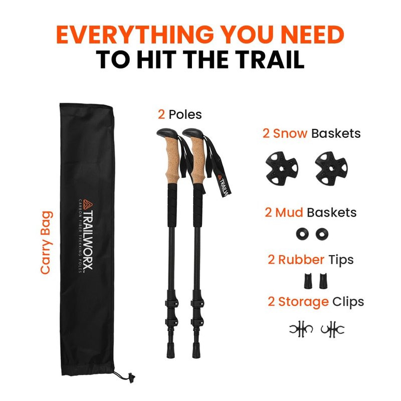 TRAILWORX 3K Carbon Fiber Trekking Poles, Collapsible Set of 2 Lightweight Adjustable Hiking Poles 24.5"-54" with Cork Grip, Tungsten Carbide Tips, Black, Includes Carry Bag, Snow & Mud Baskets