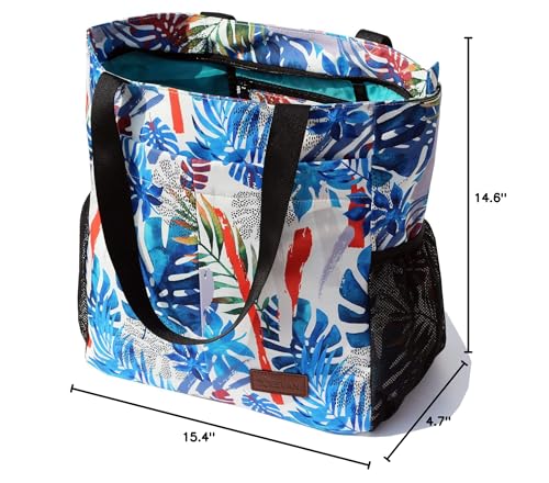 ESVAN Original Floral Water Resistant Tote Bag Large Shoulder Bag with Multi Pockets for Gym Hiking Picnic Travel Beach Daily Bags (Colorful Leaf)