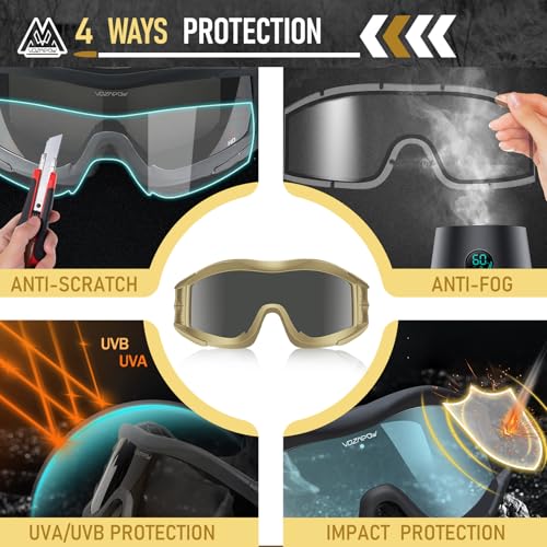 VOZAPOW Airsoft Goggles Anti Fog with ANSI Z87.1 Certified, Safety Goggles Impact Resistant, Tactical Shooting Glasses