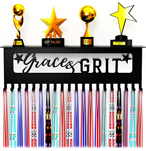 Medal Hanger Display and Large Trophy Shelf - Easy Install Metal Award Holder for Wall - Our 16.5" Sports Medal Display Rack for Gymnastics & Award Ribbons Comes with 10 Inspirational Stickers