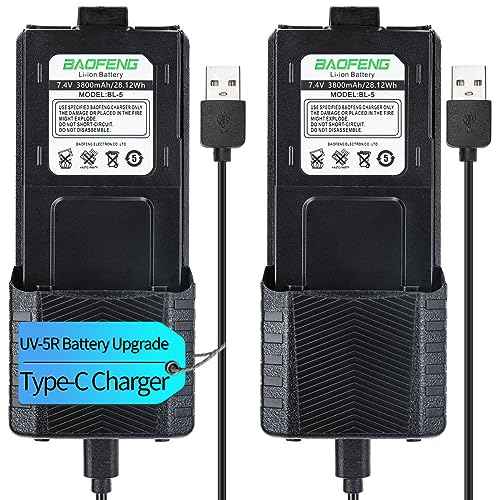 BAOFENG UV-5R Battery 3800mAh USB-C Charging Extended High Capacity Ham Radio Battery UV5R BF-8HP UV-5R Series Radios with Type-C Charging Cable,2Pack