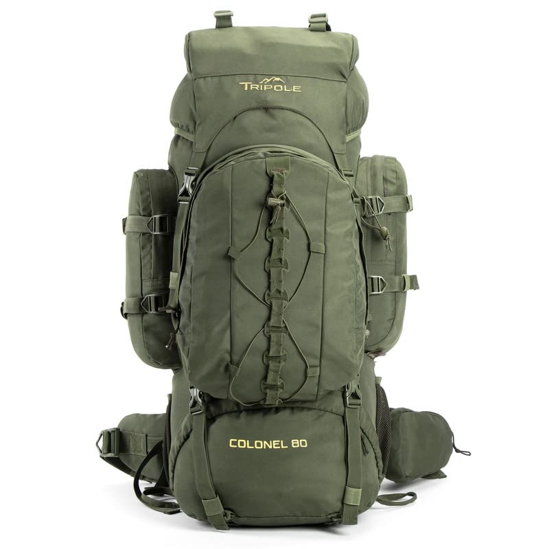 TriPole Colonel 80 litres Internal Frame Rucksack + Detachable Day Pack, Rain Cover, Army Green