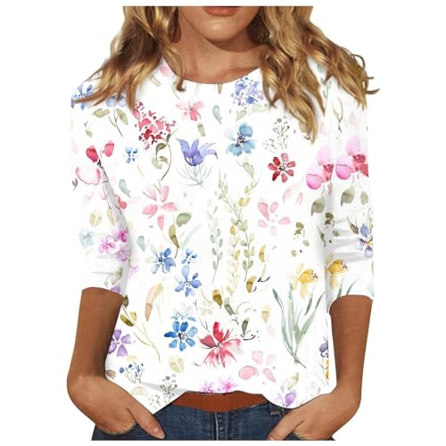 3/4 Sleeve Tops for Women 2024 Summer Shirts V Neck Floral Tshirts Button Peasant Blouses Loose Graphic Tees T-Shirts, Tshirts Shirts for Women Trendy, Plus Size Tops for Women