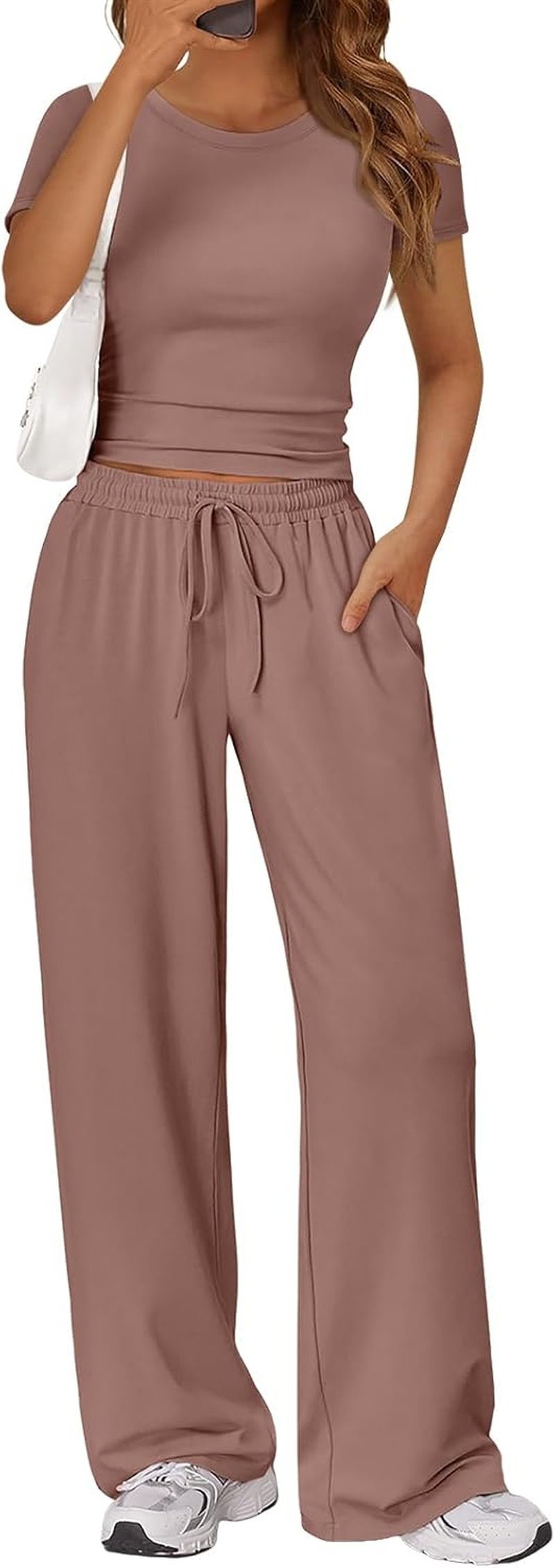 Trendy Queen | Women's Summer Lounge Set - Side Ruching Top & Wide Leg Pants with Pockets