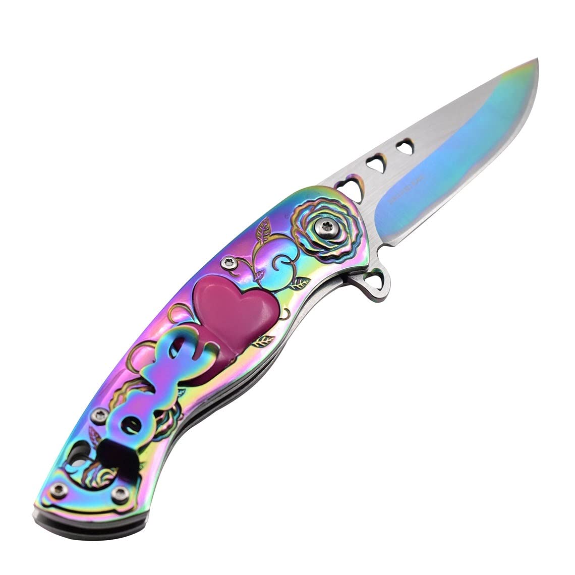 Snake Eye Tactical 7" Cupid Heart Ladies Valentines day Pocket Knife with LOVE Pocket Clip Included (Rainbow)