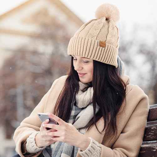Women's Winter Beanie Warm Hat with Pom Pom,Thermal Fleece Lined Knit Cap, Thick Cable Slouchy Soft for Ski Cold Weather