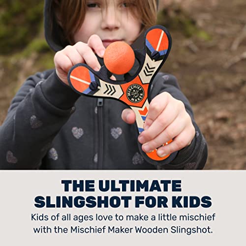 Mighty Fun! - Mischief Maker® Wooden Slingshot - Classic Series - Real Wood Slingshot for Kids, 4 Soft Foam Balls and Storage Bag - Ages 4+ (Orange)