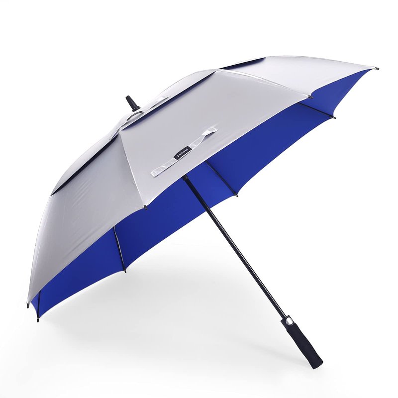 Doubwell UV protection golf umbrella 62/68 Inch UPF 50+ large umbrella automatic open windproof sturdy construction shade for blocking sun and rain (68 inch, Silver/Blue)