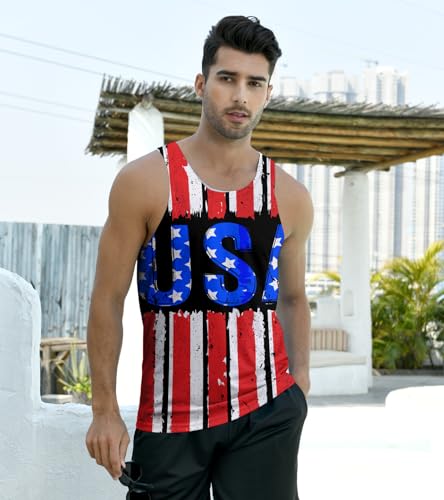 Idgreatim Men's 4th of July Tank Tops USA American Flag Patriotic Sleeveless Shirt Casual Gym Fitness Training Running Tees Black M