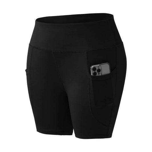 Honwenle Women's Plus Size Yoga Shorts High Waist Workout Biker Volleyball Athletic Running Exercise Sports Gym Stretch Tummy Control Stretchy Shorts with Two Side Pockets Black 2X 3X 4X 5X