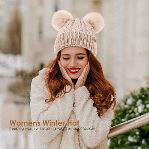 Women's Winter Hat Soft Knit Beanie with Faux Fur Pom Hat with Warm Fleece Lining Skull Cap for Women