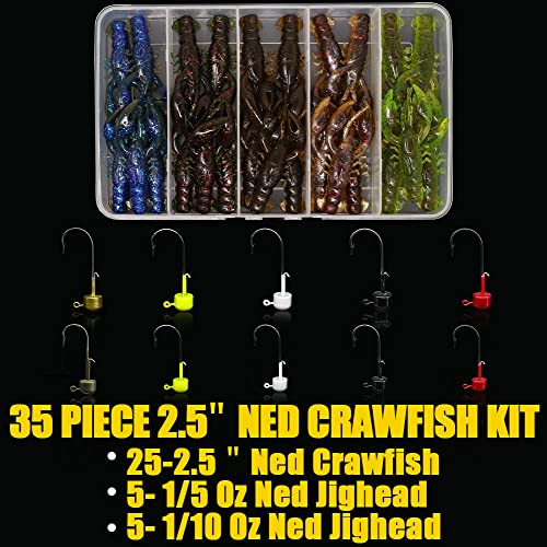 XFISHMAN-Ned-Rig-Baits-Kit-35 Piece-Crawfish-Bass-Soft-Plastic-Fishing-Lures with Finesse Shroom Jig Head 2.5 inch