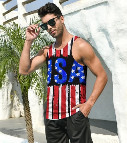 Idgreatim Men's 4th of July Tank Tops USA American Flag Patriotic Sleeveless Shirt Casual Gym Fitness Training Running Tees Black M