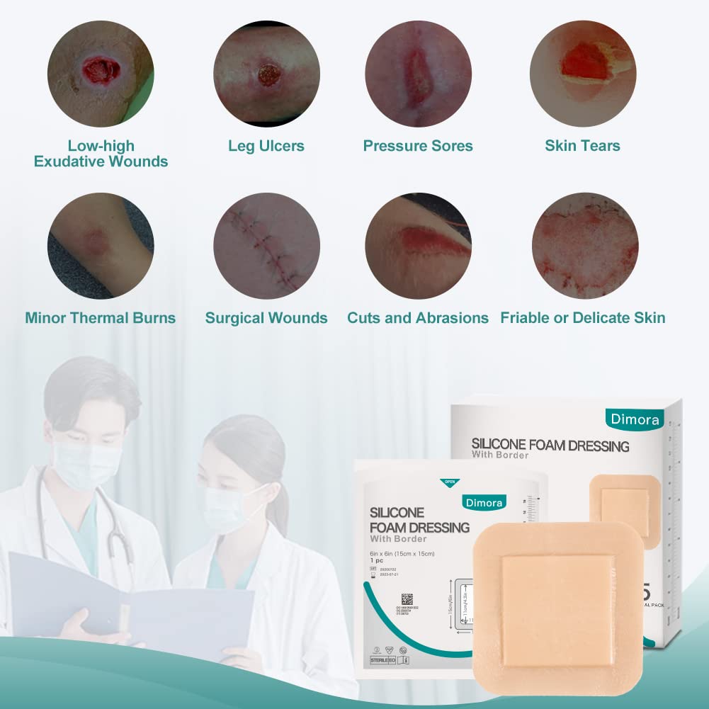 Dimora Silicone Foam Dressing, 6'' x 6''(4.3" X 4.3" pad) Sacrum Wounds, Waterproof Wound Dressing with Gentle Border, High Absorbency Foam Bandages, Silicone Self-Adhesive Patches,5 Count