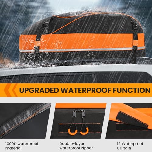 Sailnovo Rooftop Cargo Carrier, 15 Cubic Waterproof Soft-Shell Car Roof Cargo Carrier for Top of Vehicle with/Without Roof Rack, Car Top Carrier with Anti-Slip Mat, Safety Hooks & Storage Bag