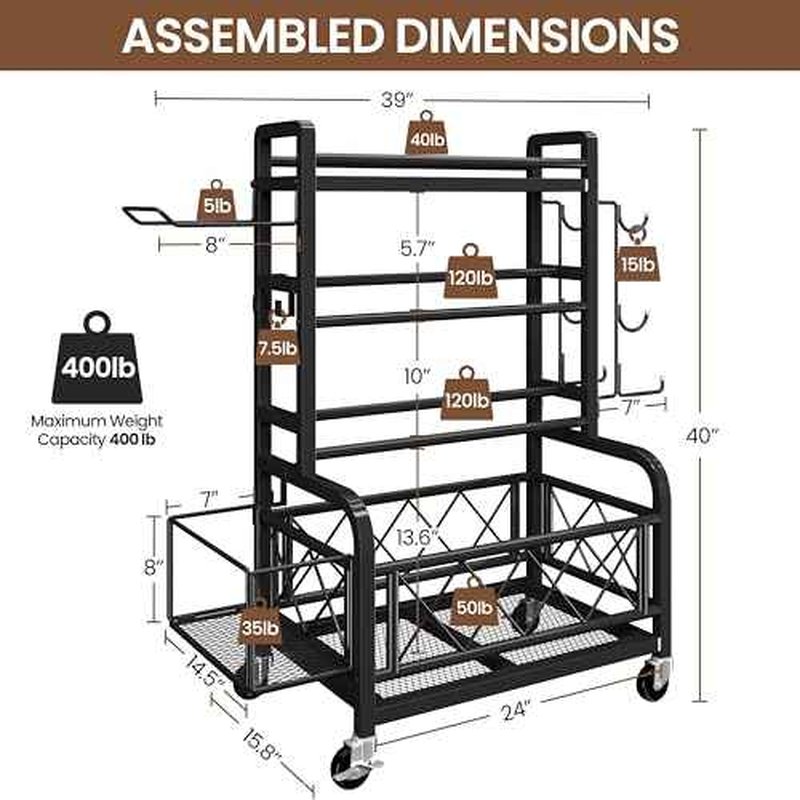 Yaheetech Dumbbell Rack Yoga Mat Storage Rack Home Gym Workout Equipment Rack Stand w/Hooks & Wheels for Dumbbells, Kettlebells, Yoga Ball, Max Load 400lb