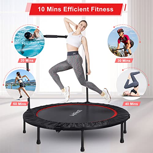 50 Inch Mini Fitness Trampoline for Adults, Foldable Exercise Trampoline with 5 Levels Adjustable Foam Handle, Rebounder Trampoline for Bounce Workout Indoor/Garden Max Load 440lbs