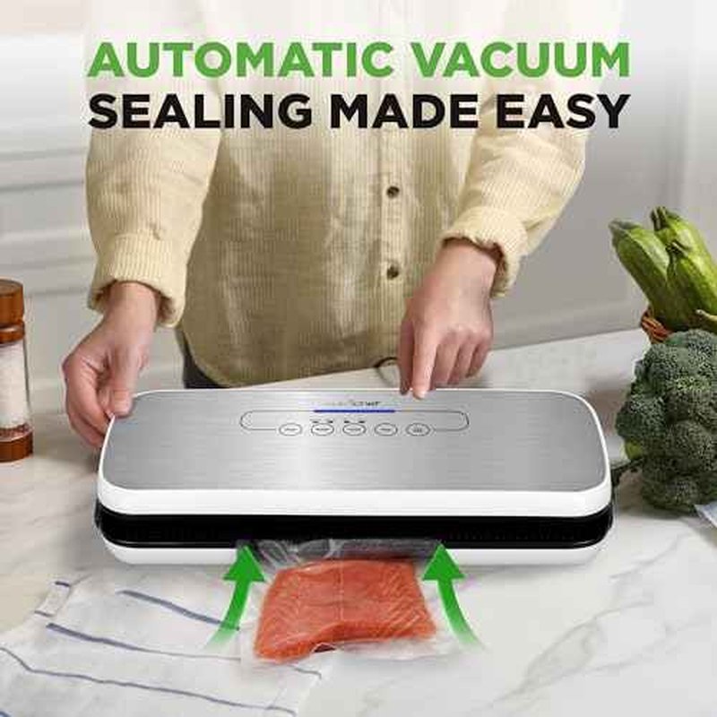 NutriChef Vacuum Sealer Machine ? Compact Silver Vacuum Sealing System with Dry & Moist Modes, LED Indicators, Starter Kit & Extra Bags ? Ideal for Food Preservation, Meal Prep & Sous Vide Cooking