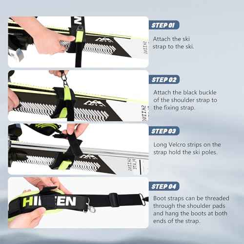 Hikeen Ski Carrier Straps, Poles and Boot Skis Straps with Adjustable Anti-Slip Shoulder Slings & Metal Buckle and Swivel Hook for Men Women Kids