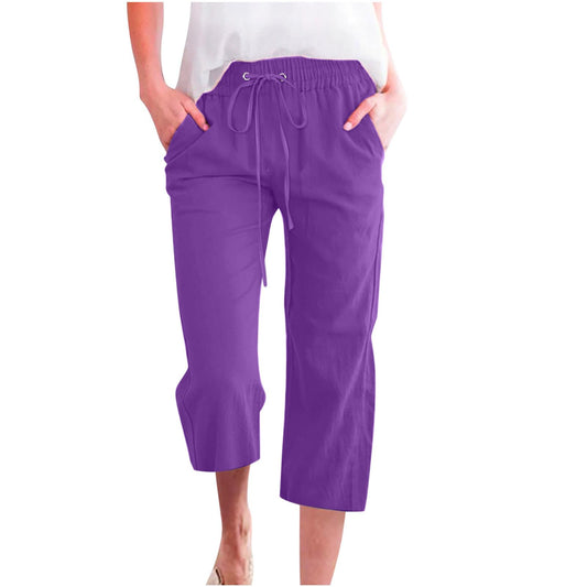 Capri Pants for Women Casual 2024 Summer Drawstring Elastic High Waist Linen Pants Straight Wide Leg Capris Cropped Trouser, Purple Capri Pants for Women Deals of The Day Clearance Prime E04_Purple,L