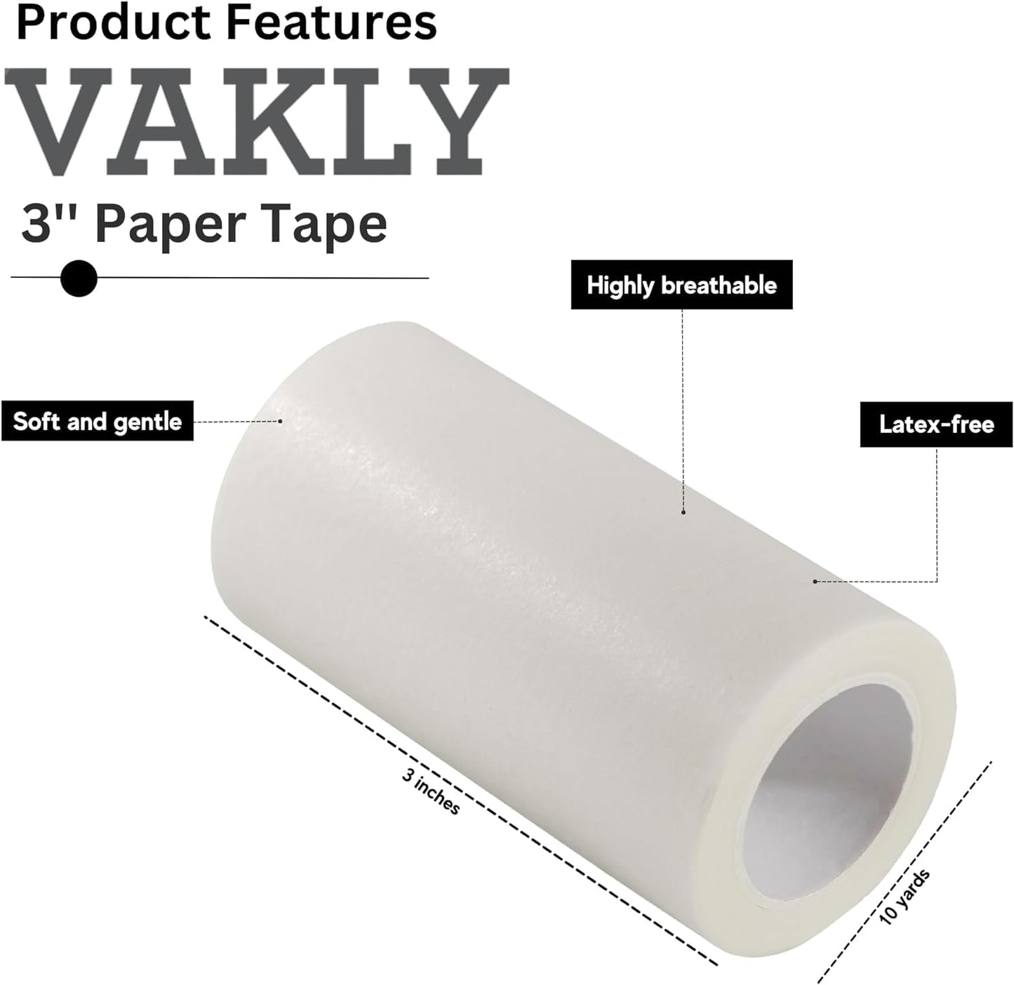 Vakly Paper Medical Tape 3 in x 10 yd (6 Rolls) – Microporous Breathable Adhesive First Aid Tape, Latex-Free Hypoallergenic Bandage & Wound Dressing Tape