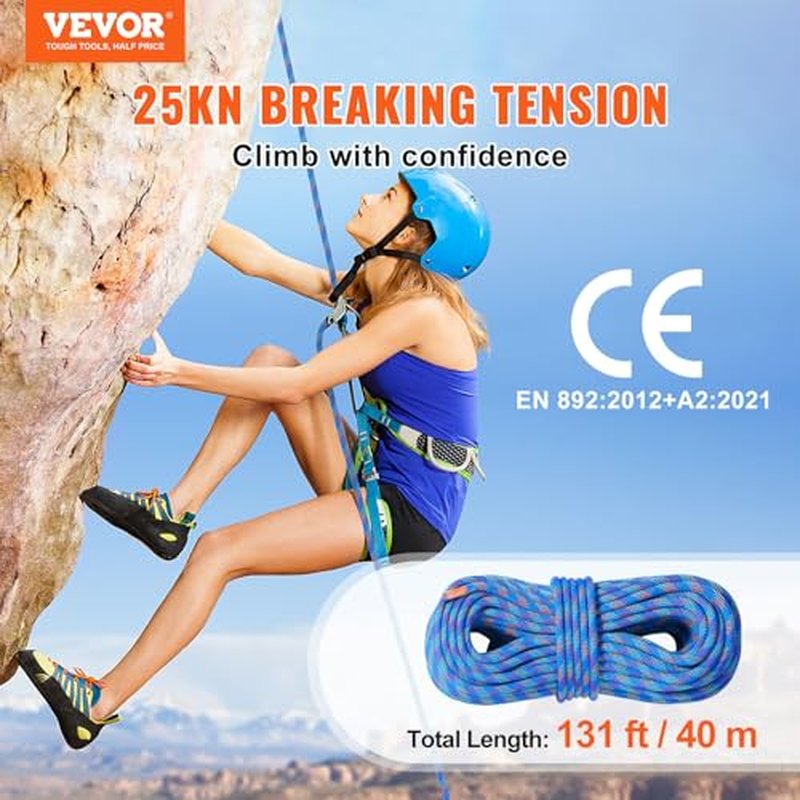 VEVOR 10.2mm Dynamic Climbing Rope, Outdoor Rock Climbing Rope 25KN Breaking Tension, Stretchable Fiber Rope with Steel Snap Hooks for Escape, Rappelling, Fire Rescue, Blue
