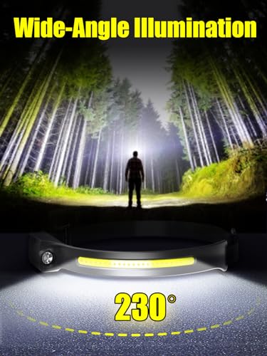 Headlamp Rechargeable, 230° Wide Beam Head Lamps LED Super Bright, Rechargeable Headlamp Flashlight USB C, Motion Sensor Head Lights for Forehead, 5 Modes Hard Hat Headlamp for Adults Running Camping