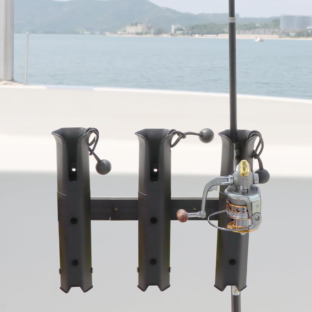 VTurboWay 3-Tube Adjustable Fishing Rod Holder, Removable Pole inserter, Self-Adhesive for Fishing Box Cooler, Drilling installation for Boat Yacht Kayak Fishing, Spinning Plastic, Black